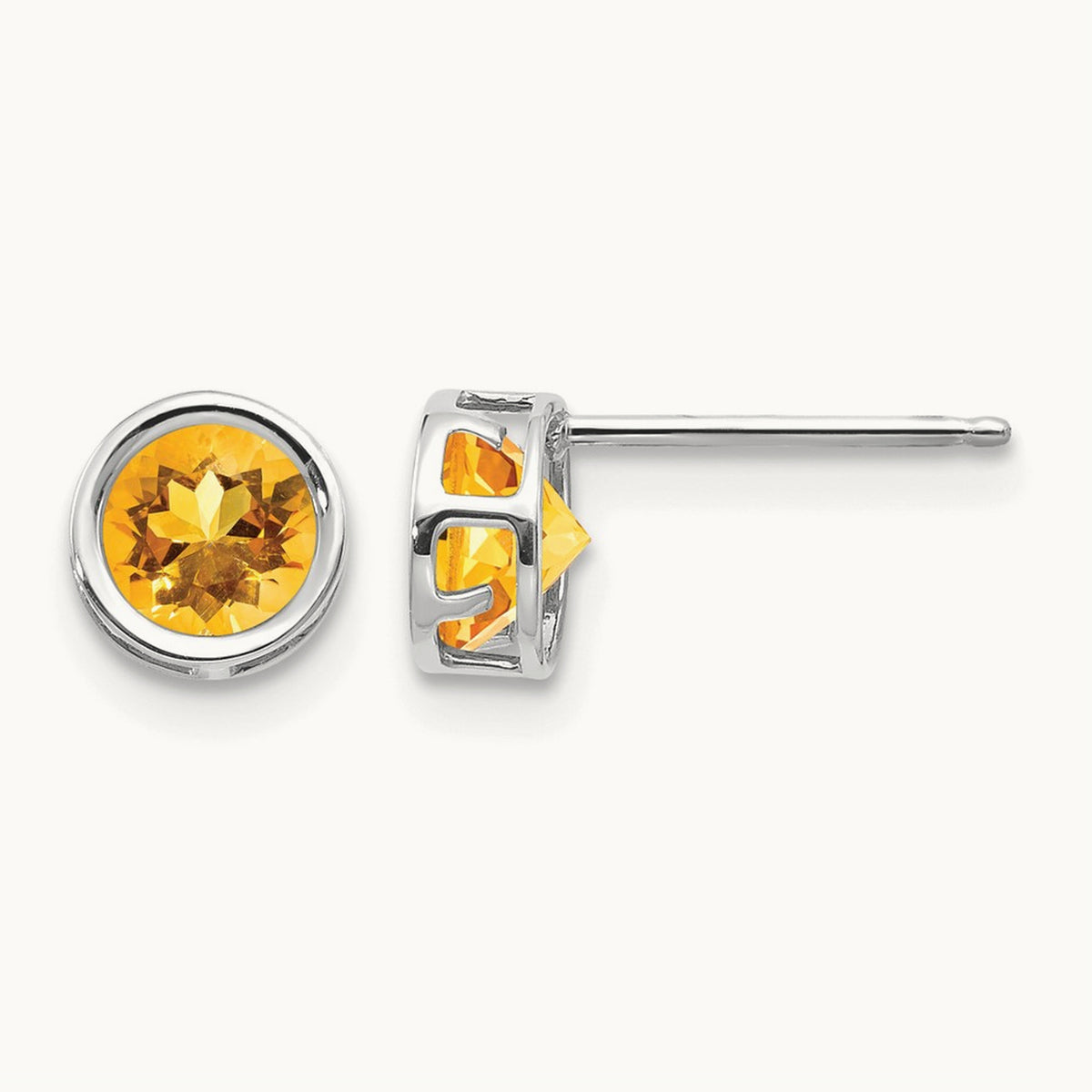 Bezel Citrine Stud Earrings — 14K White Gold