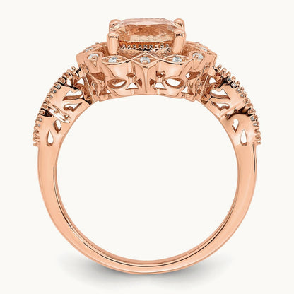 Morganite Diamond Halo Complete Engagement Ring, 14K Rose Gold