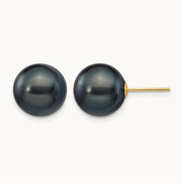 10- Black Round Freshwater Cultured Pearl Stud Post Earrings, 11mm, 14K