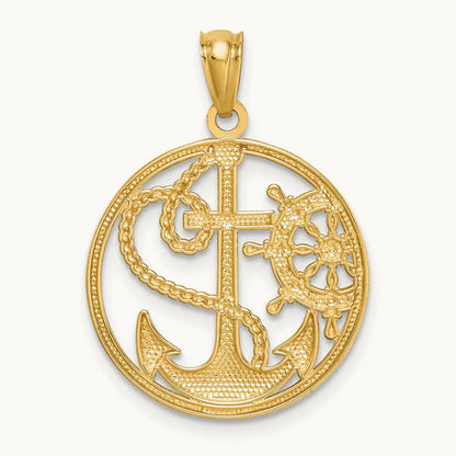 W/ Rhodium Cross Anchor Captain Wheel Pendant, 14K