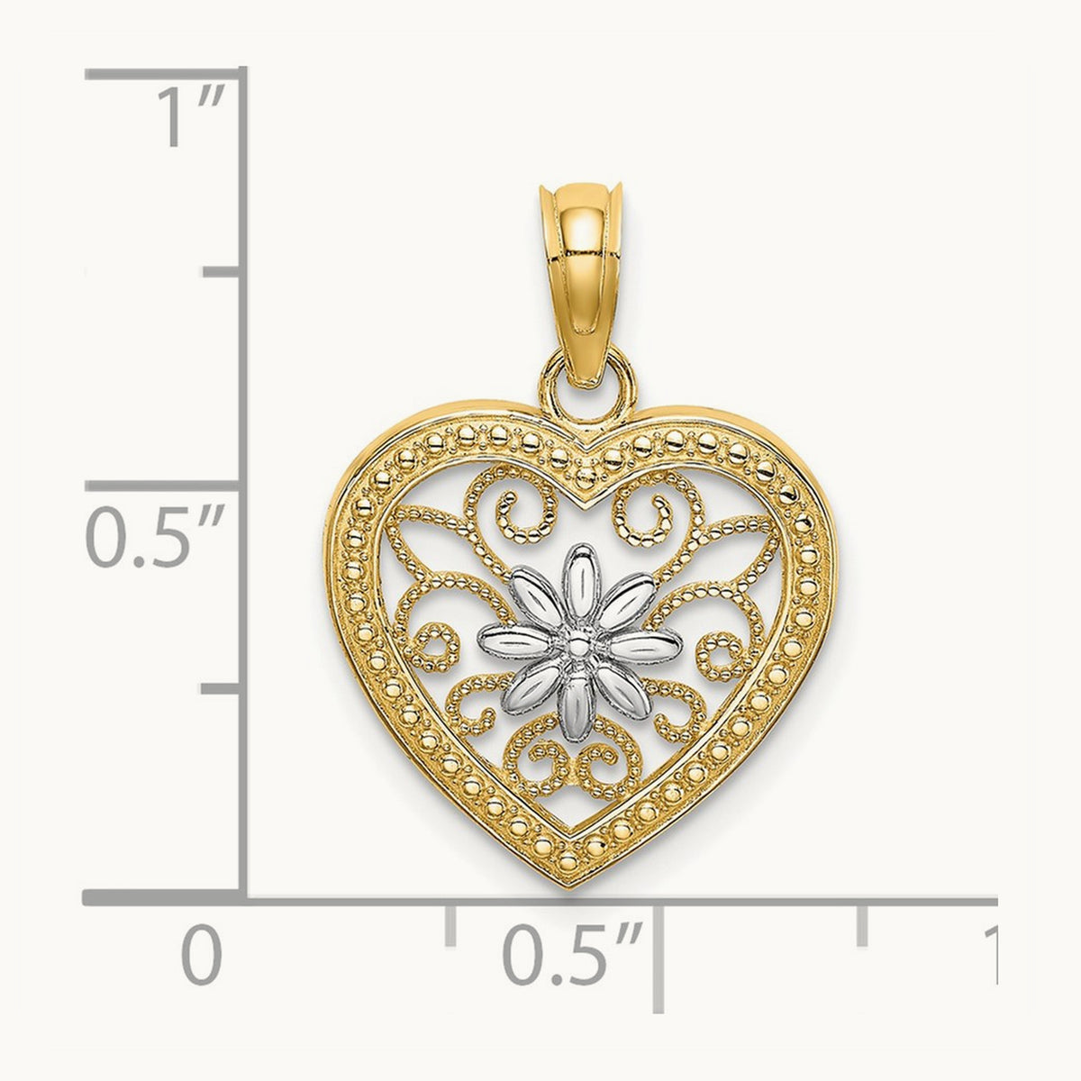 w/ Rhodium Textured Heart Flower Filigree Charm, 14K