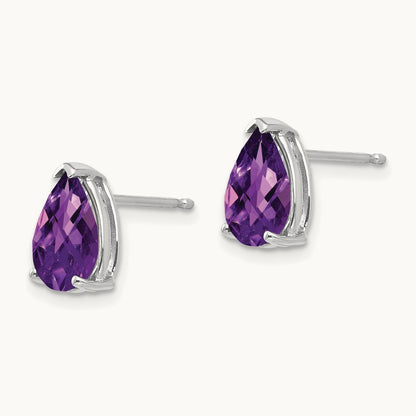 9x6mm Pear Amethyst Checker Earrings, 14K White Gold