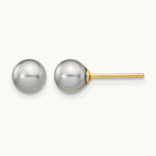 5- Grey Round Freshwater Cultured Pearl Stud Post Earrings, 6mm, 14K