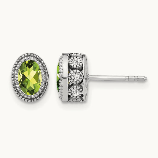 Oval Peridot and Diamond Earrings — 14K White Gold