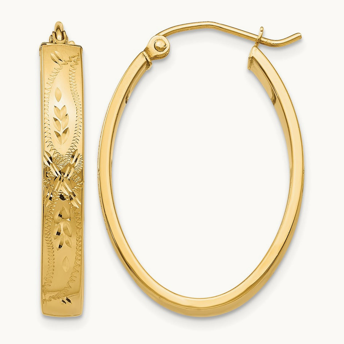Satin & Diamond-Cut Oval Hoop Earrings, 14K