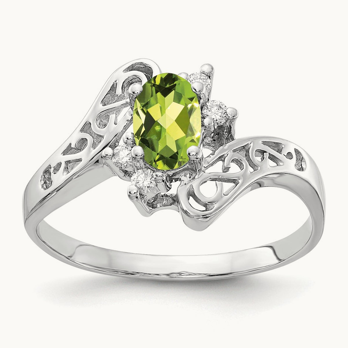 6x4mm Oval Peridot AA Diamond ring, 14K White Gold