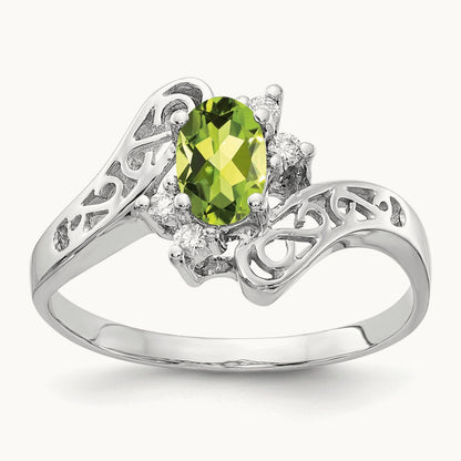 6x4mm Oval Peridot AA Diamond ring, 14K White Gold