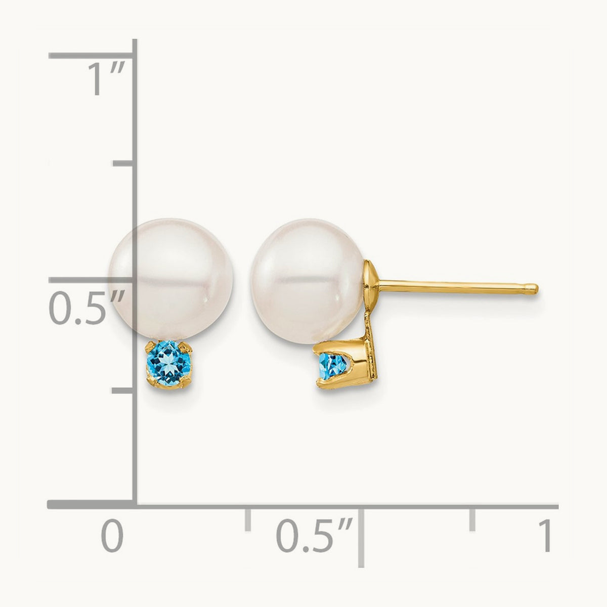 7- White Round FW Cultured Pearl Swiss Blue Topaz Post Earrings, 7.5mm, 14K
