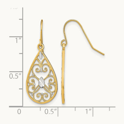 w/Rhodium D/C Fancy Dangle Wire Earrings, 14K