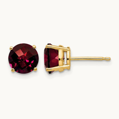 Garnet Checker Earrings, 7mm, 14K