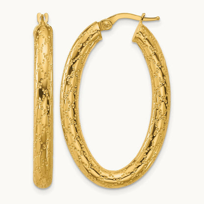 Polished Patterned Oval Hoop Earrings, 14K — Leslie's