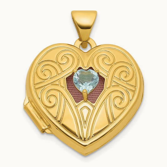 Polished Blue Topaz December Birthstone Heart Locket, 18mm, 14K