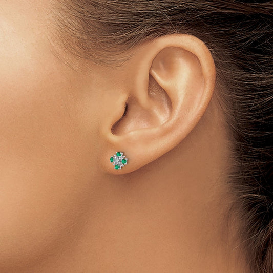 Emerald and Diamond Post Earrings — 14K White Gold