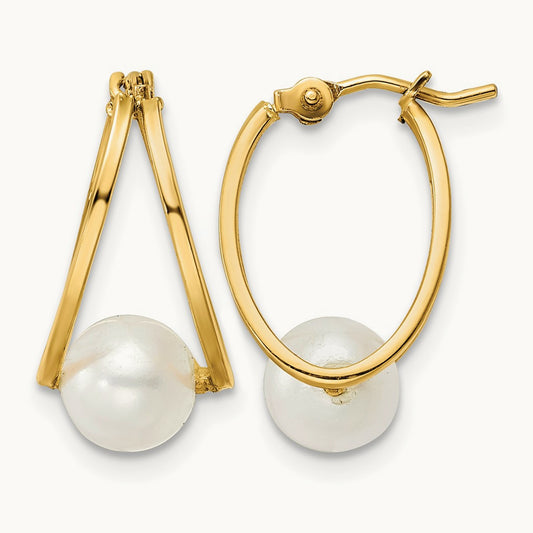 Polished Freshwater Cultured Pearl Hoop Earrings, 14K