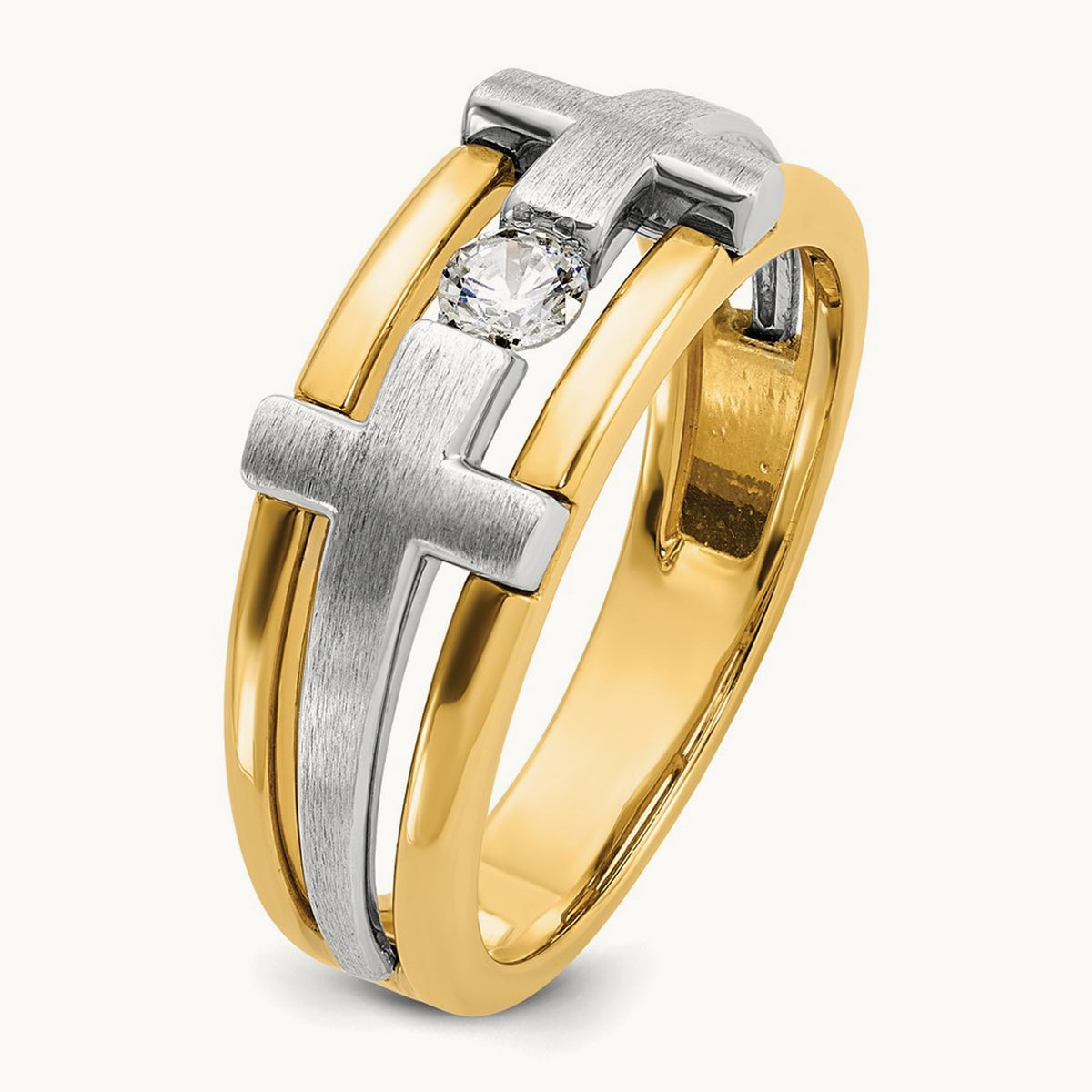 IBGoodman Men's Polished Satin & Cut-Out Dia Cross Ring, 14K Two-tone
