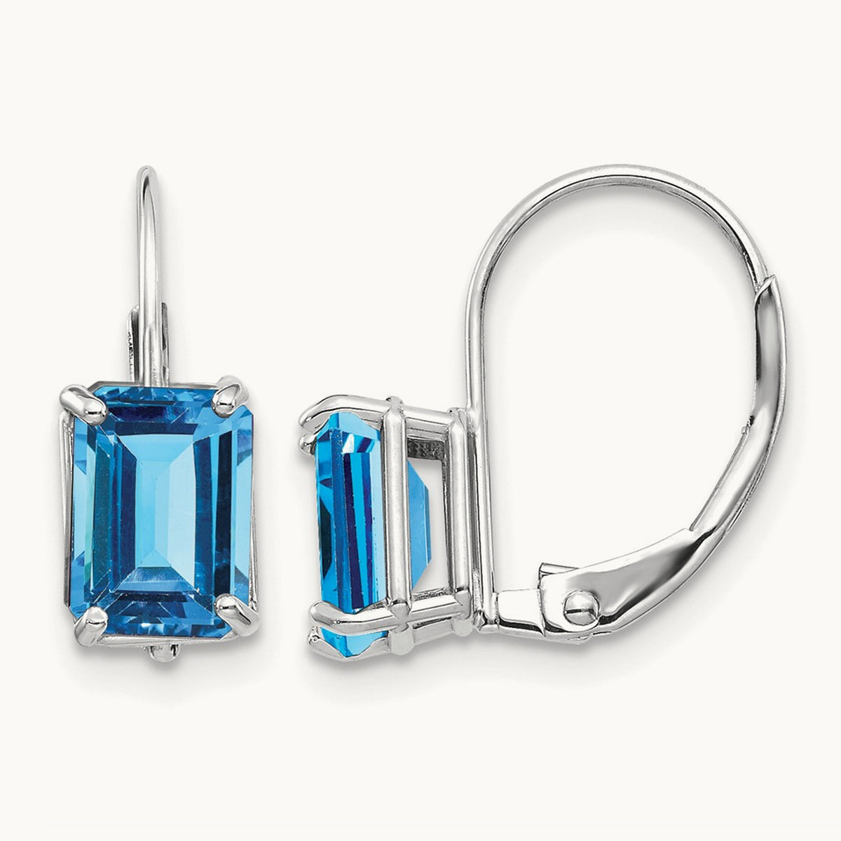 7x5mm Emerald Cut Blue Topaz Earrings, 14K White Gold