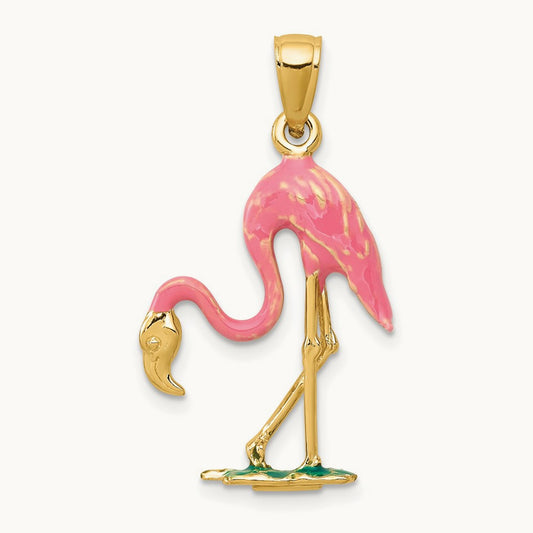 Enameled 3-D Flamingo Pendant — 14K Yellow Gold