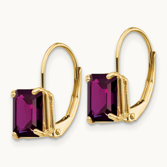 7x5mm Emerald Cut Rhodolite Garnet Leverback Earrings, 14K