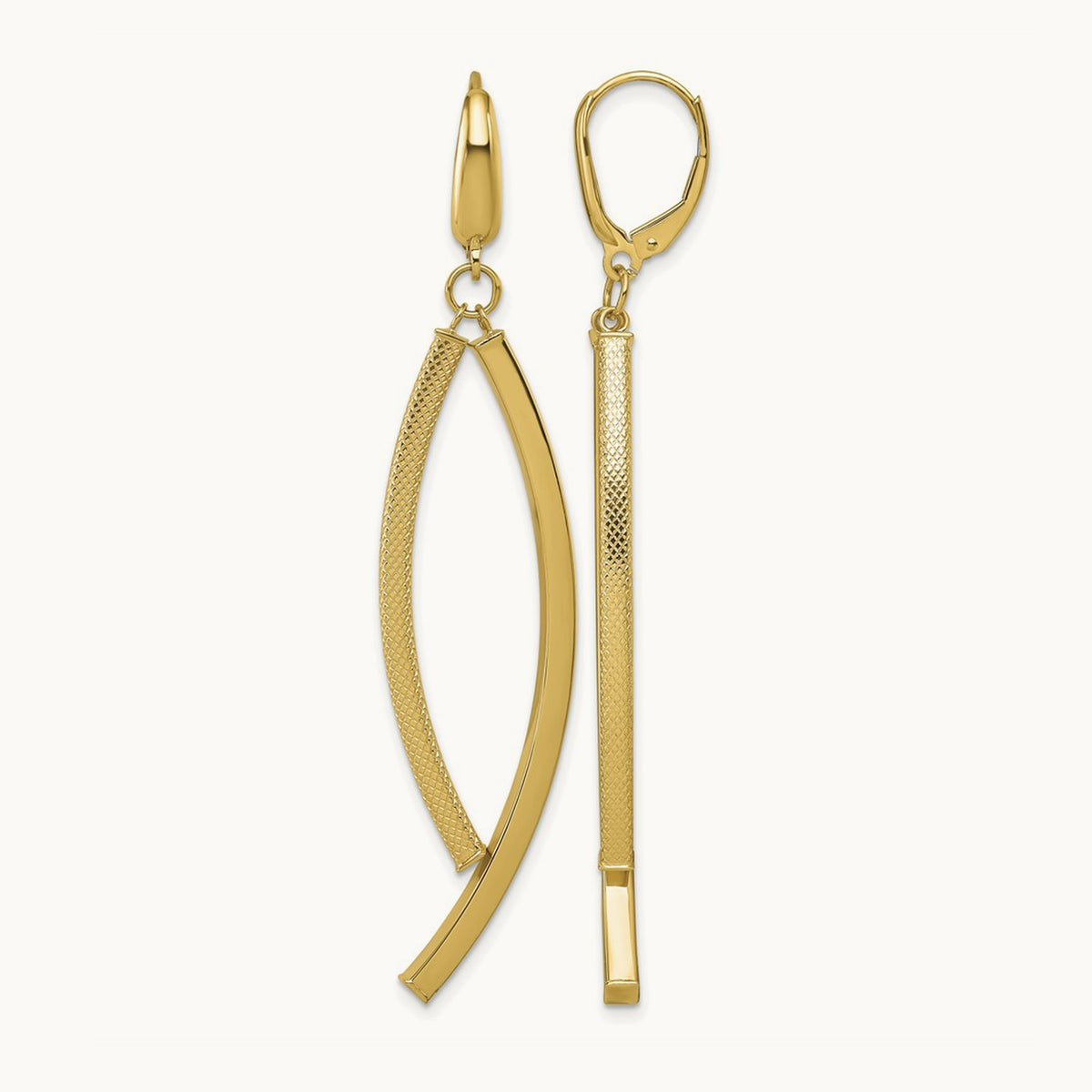 Polished and Textured Dangle Bar Leverback Earrings, 14K