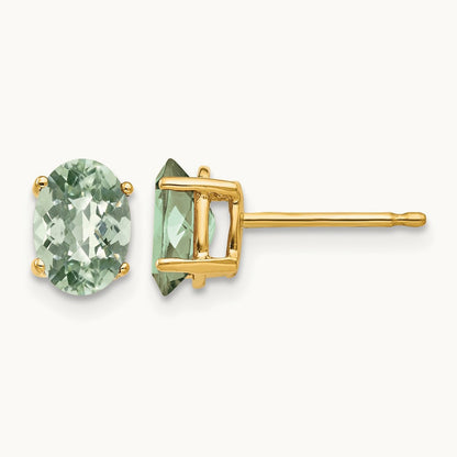 7x5 Oval Checker-Cut Green Quartz Earrings, 14K