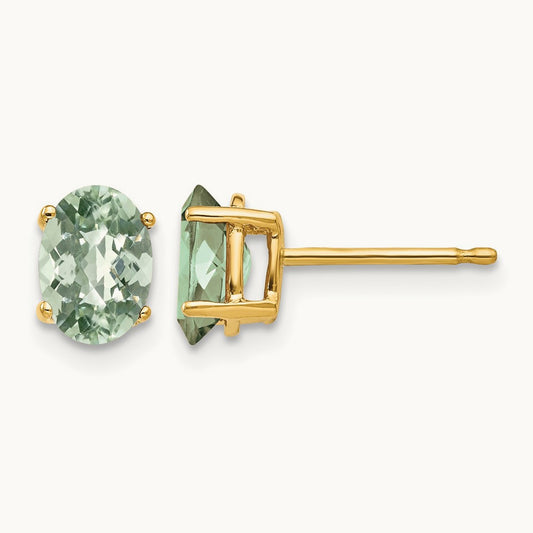 7x5 Oval Checker-Cut Green Quartz Earrings, 14K