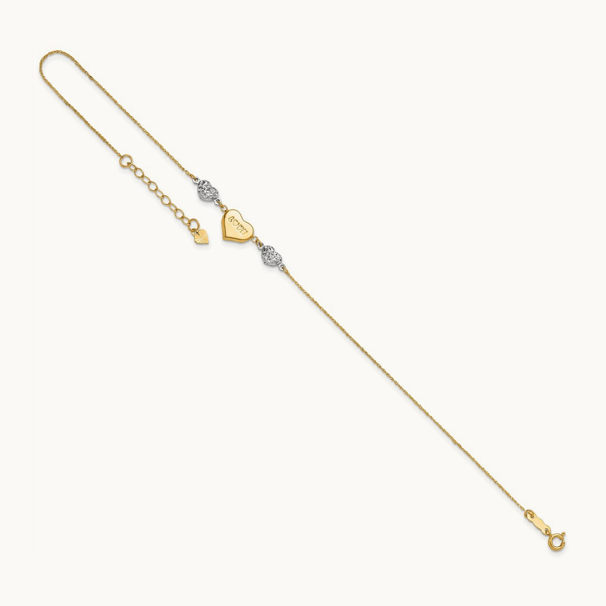 Diamond-cut Puffed Heart LOVE 10in Plus 1in ext. Anklet, 14K Two-tone