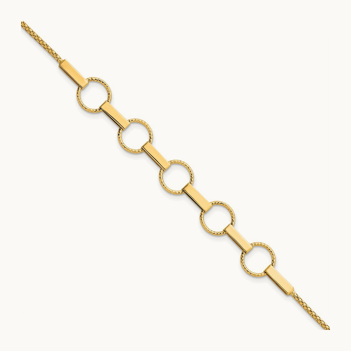 Polished and Textured Circles and Bars Bracelet, 14K