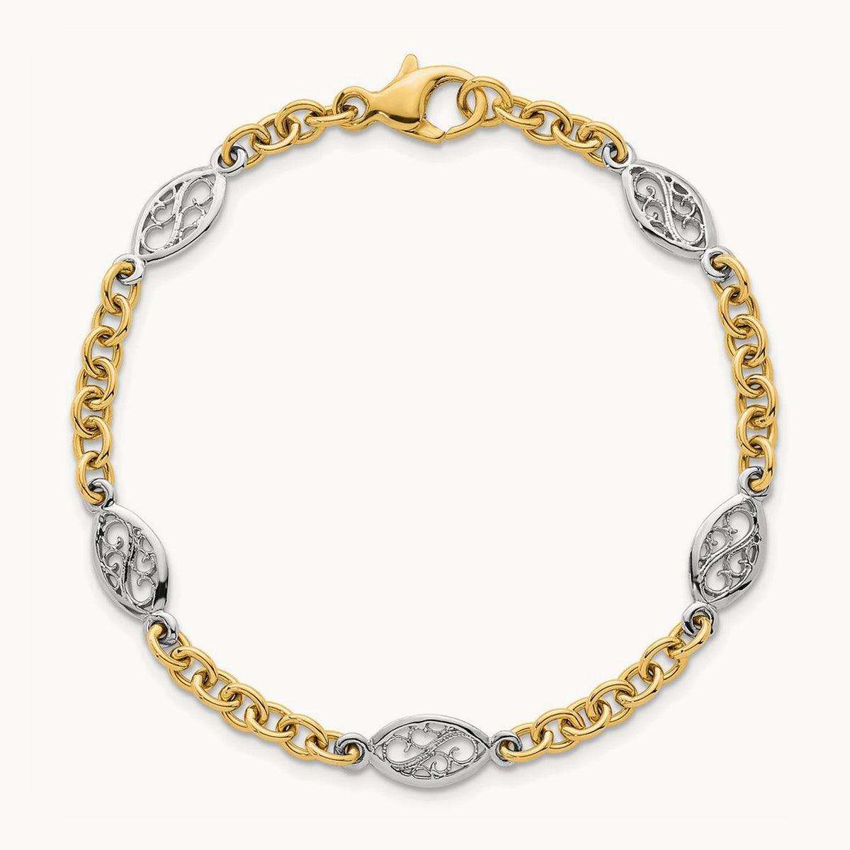 Polished Fancy Chain Bracelet, 6.5mm, 14K Two-tone