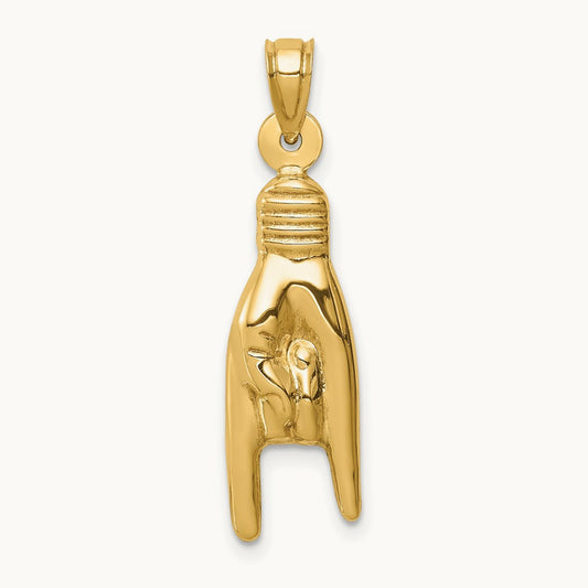 3D Hollow Rock On Sign Charm, 14K