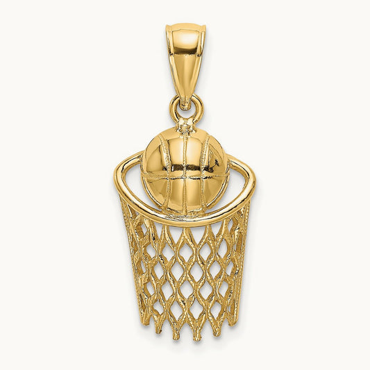 Polished Basketball and Net Charm, 14K