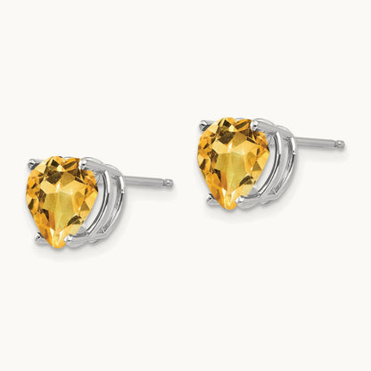 Heart Citrine Earrings, 8mm, 14K White Gold