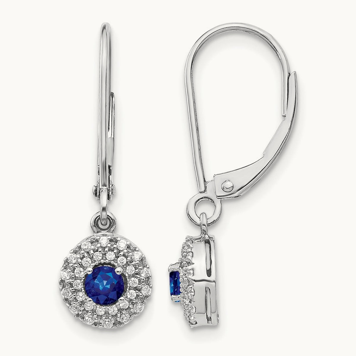Diamond Halo Sapphire Leverback Dangle Earrings, 14K White Gold