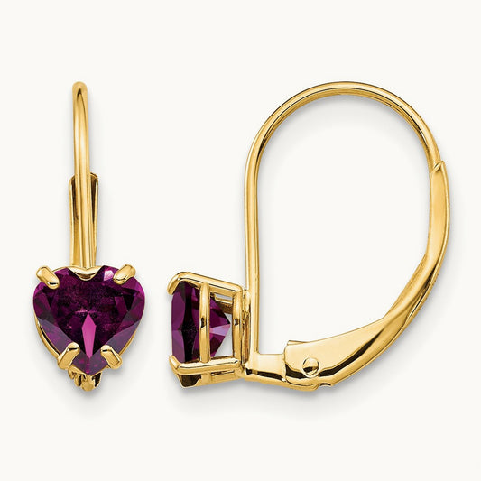 Heart Rhodolite Garnet Leverback Earrings, 5mm, 14K