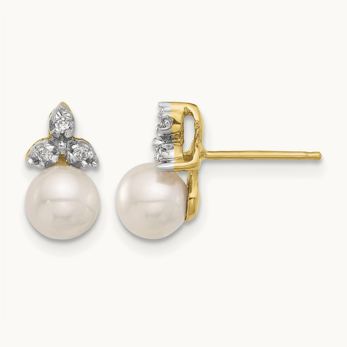 5- Round White FWC Pearl and .06ct Diamond Post Earrings, 6mm, 14K