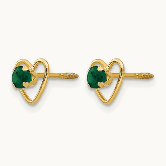 Madi K Created Emerald Birthstone Heart Earrings, 3mm, 14K