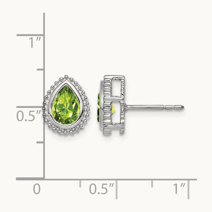 Pear Peridot Post Earrings — 14K White Gold