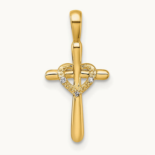 Diamond Cross w/Heart Pendant, 14K