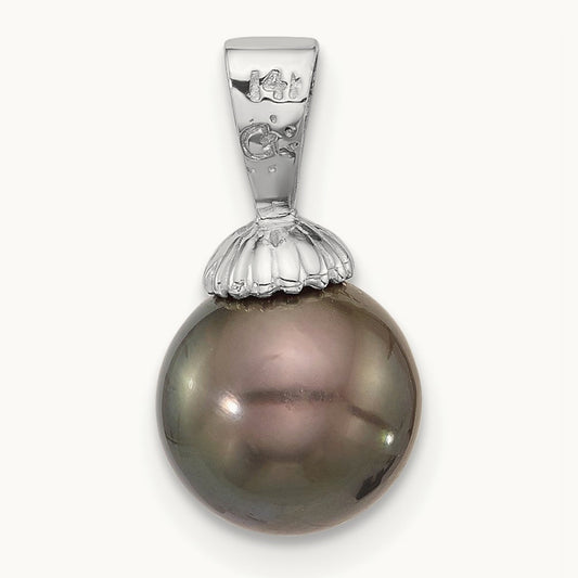 8- Round Black Tahitian Pearl Pendant, 9mm, 14K White Gold