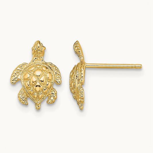 2-D Textured Sea Turtle Post Earrings, 14K