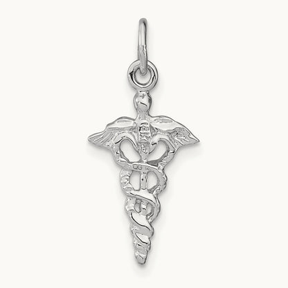 3-D Caduceus Charm, 14K White Gold