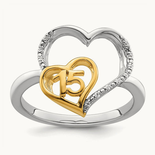Polished Diamond Quinceanera Heart Ring, 14K Two-tone
