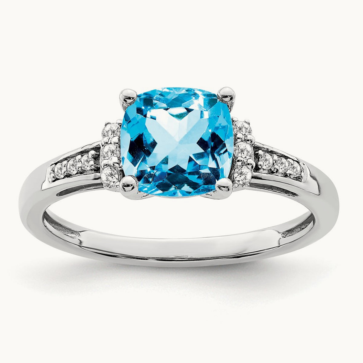 Cushion Blue Topaz and Diamond Ring, 14K White Gold