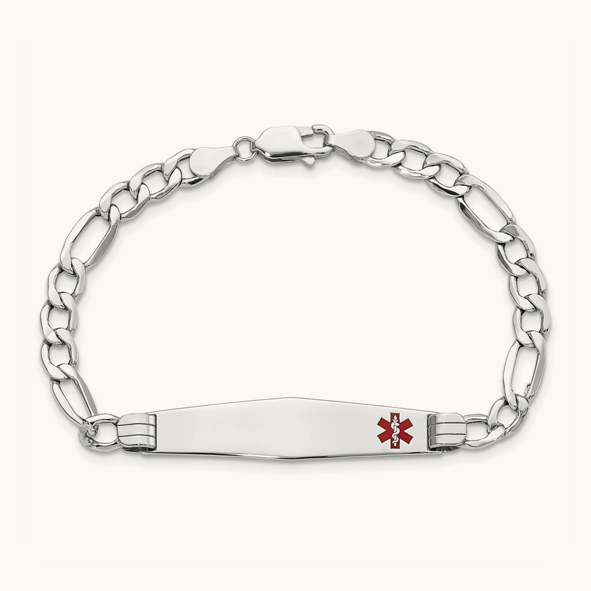 WG Semi-Solid Medical Soft Diamond Shape Red Enamel Figaro ID Bracelet, 14K