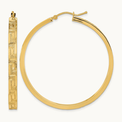 Polished and Satin Greek Pattern Hoop Earrings, 14K