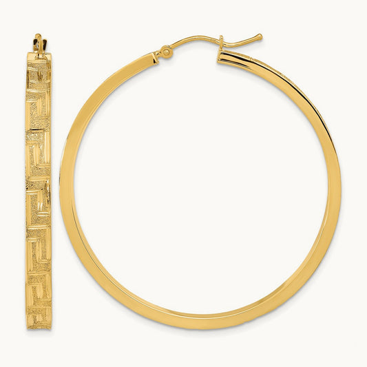 Polished and Satin Greek Pattern Hoop Earrings, 14K