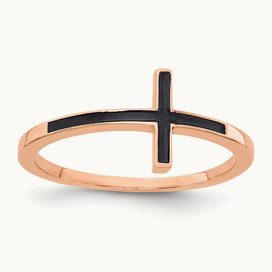 Enameled Sideways Cross Ring, 14K Rose Gold