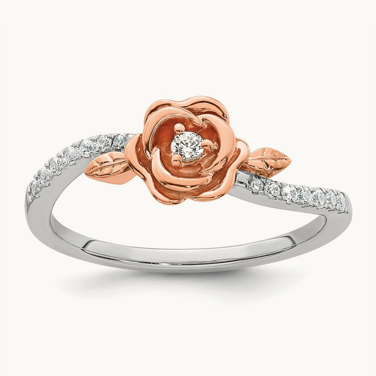 Complete Diamond Rose With Leaves Promise Ring, 14K Two-tone