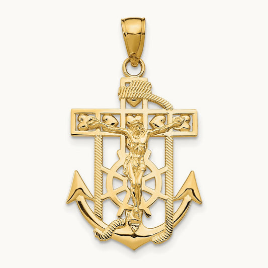 Polished Textured Mini Mariners Crucifix Pendant, 14K