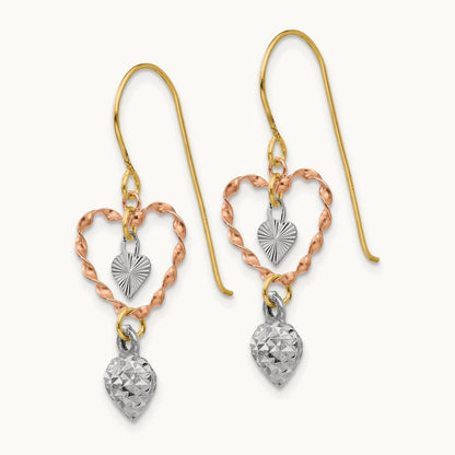 Tri-color Diamond Cut Heart Dangle Earrings, 14K