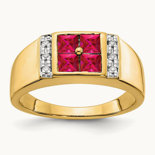 Created Ruby Men's Ring, 0.05 ct tw Lab-Grown Diamond